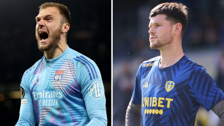 Lyon goalkeeper Lucas Perri celebrates. Inset, Leeds United goalkeeper Illan Meslier looking on.
