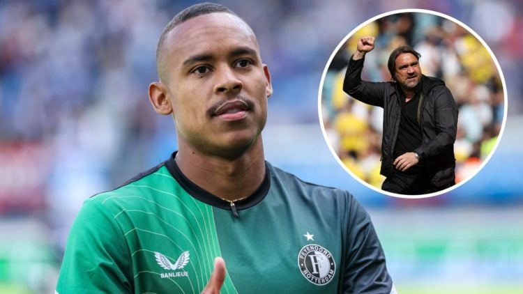 Feyenoord winger Igor Paixao gives thumbs up. Inset, Daniel Farke pumps fist to Leeds United fans.
