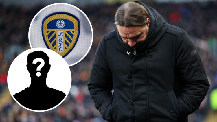 Daniel Farke manager of Leeds United looks down. Inset, Leeds badge. Inset, LUN Mystery Player Icon.