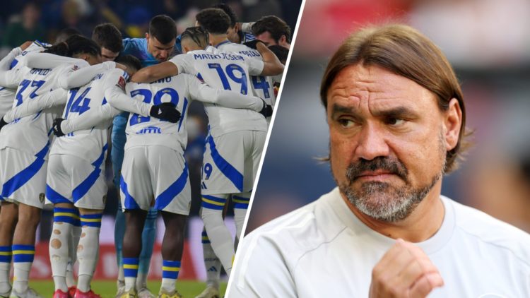 Leeds United squad (left) and Daniel Farke (right)
