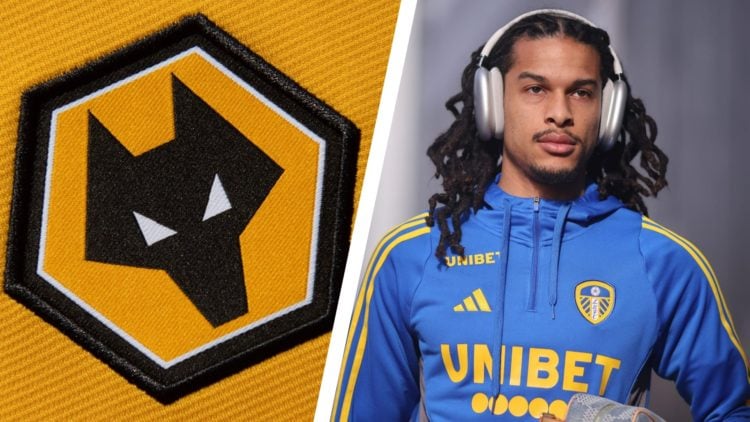 Split image of Leeds United player Isaac Schmidt before a game, and the official club badge of Wolverhampton Wanderers.