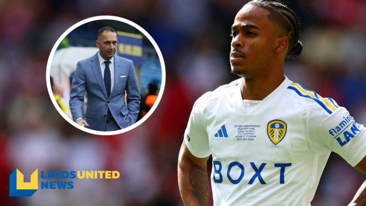 Leeds United player Crysencio Summerville during a game. Inset a picture of Leeds United chairman Paraag Marathe.