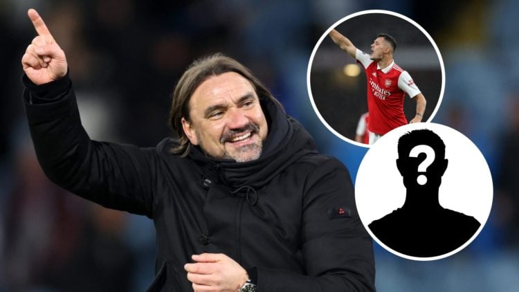 Leeds United manager Daniel Farke pointing to the sky. Inset, Arsenal midfielder Granit Xhaka giving orders.