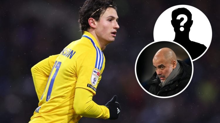 Breden Aaronson in action for Leeds United in 2025. Inset, Pep Guardiola looking on as Man City manager.