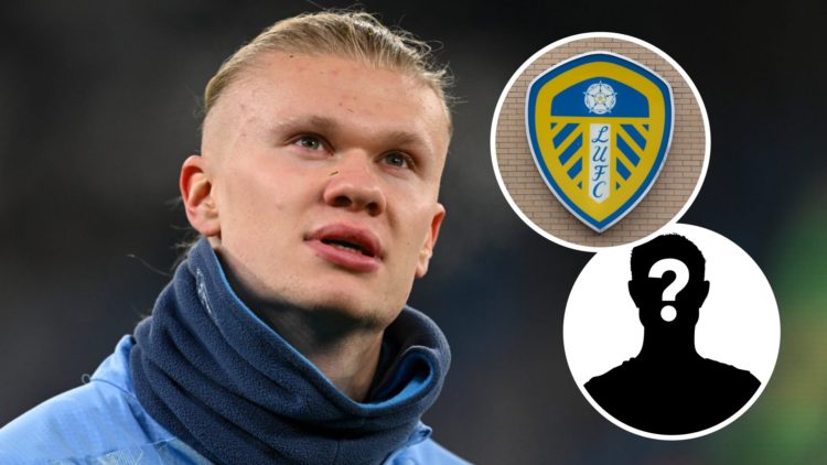 Manchester City striker Erling Haaland looks on. Inset, Leeds United badge on Elland Road.