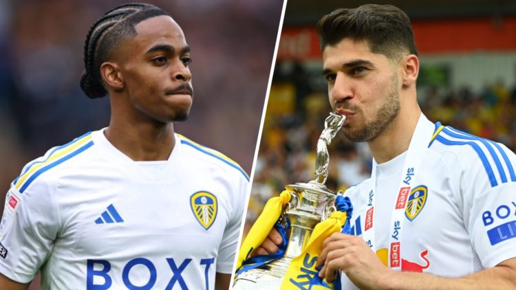 Crysencio Summerville playing for Leeds United. Manor Solomon with Championship trophy.