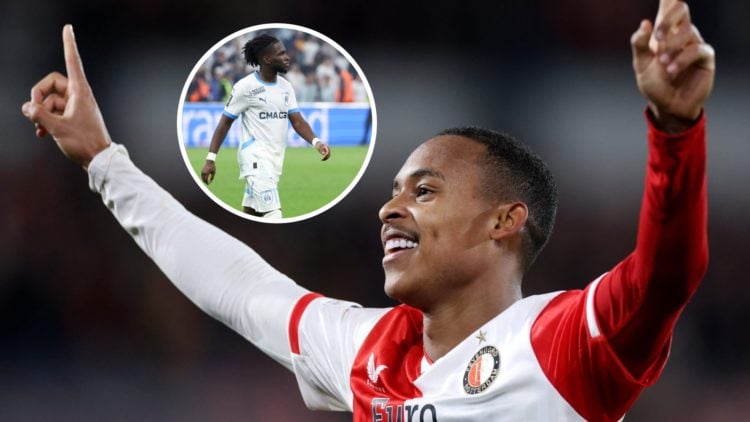 Igor Paixao celebrates after a Feyenoord goal, Jonathan Rowe in action for Marseille.