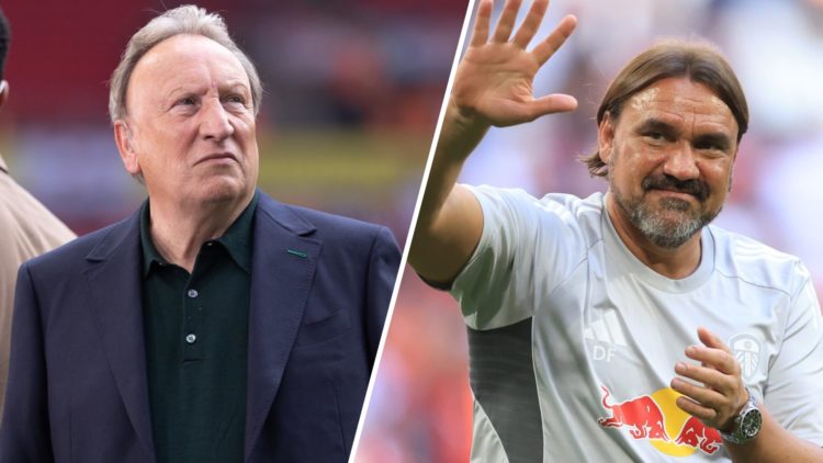 Former Leeds United manager Neil Warnock looking on. Inset, Leeds manager Daniel Farke waving at fans.