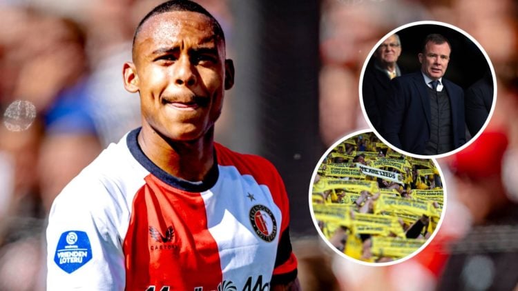 Feyenoord winger Igor Paixao looks on. Inset, Leeds United CEO Angus Kinnear in the stands. Inset, Leeds fans.