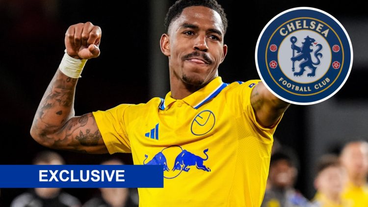 Junior Firpo celebrates a goal for Leeds United and Chelsea's badge.