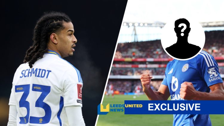 Isaac Schmidt of Leeds United (left) and Leicester City's James Justin (right) with LUN exclusive banner