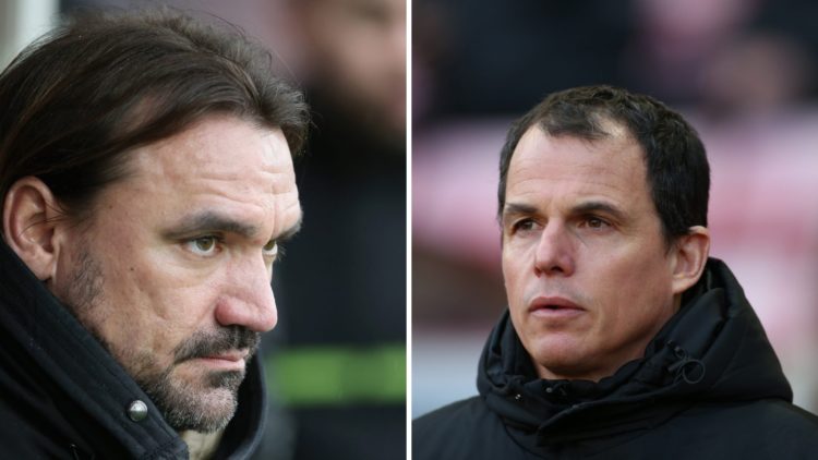 Daniel Farke and Regis Le Bris look on while managing Leeds and Sunderland.