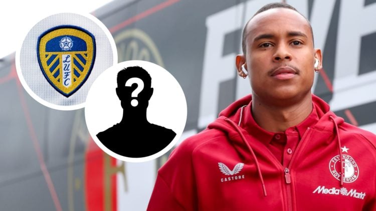 Feyenoord player Igor Paixao before a game. Inset a picture of the official club badge of Leeds United and a picture of a mystery player.