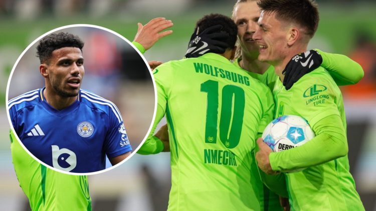 Joakim Maehle and Lukas Nmecha (right), and James Justin of Leicester City (left)