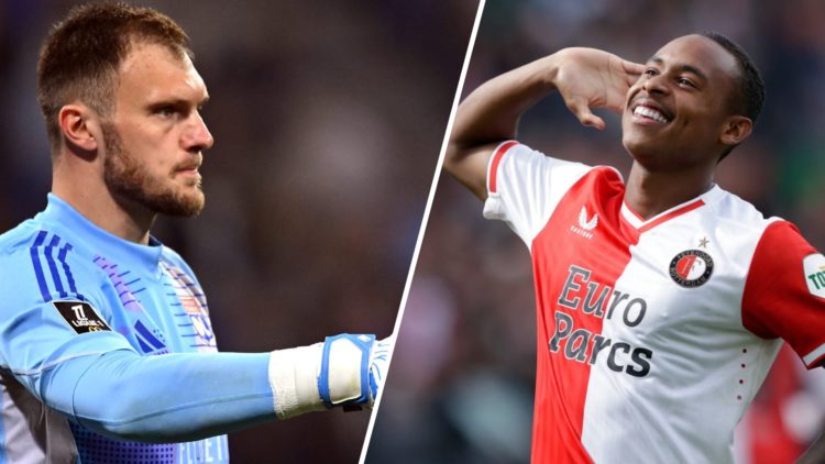 Lyon's Lucas Perri (left) and Igor Paixao of Feyenoord (right)