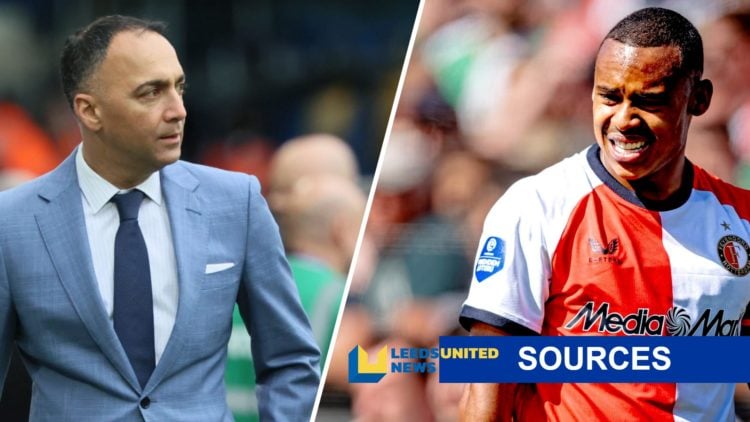 Leeds United chairman Paraag Marathe (left) and Igor Paixao of Feyenoord (right) with LUN sources banner