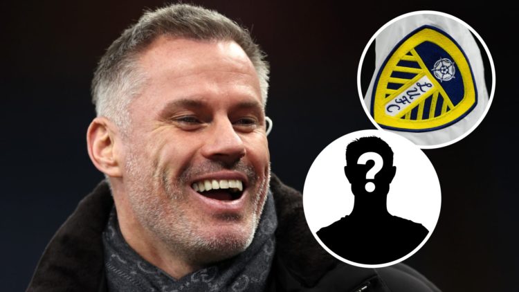Former Liverpool player and pundit Jamie Carragher laughing. Inset, Leeds United badge on corner flag.