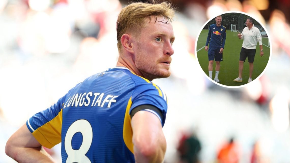 Leeds United midfielder Sean Longstaff looking on. Inset, Longstaff walks with former Leeds striker Michael Bridges.