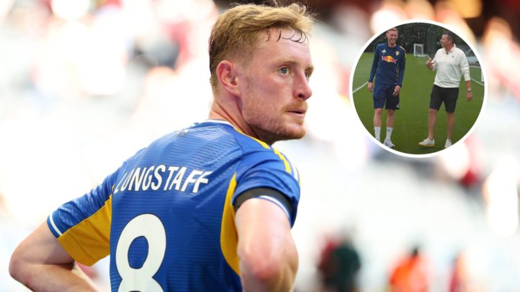 Leeds United midfielder Sean Longstaff looking on. Inset, Longstaff walks with former Leeds striker Michael Bridges.