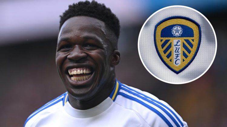 Leeds United winger Willy Gnonto smiles. Inset, the Leeds badge on kit.