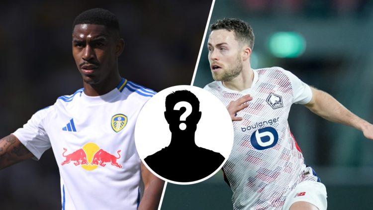 Split image: Junior Firpo playing for Leeds United (L). Gabriel Gudmundsson in action for Lille (R)/ Inset: Mystery figure.