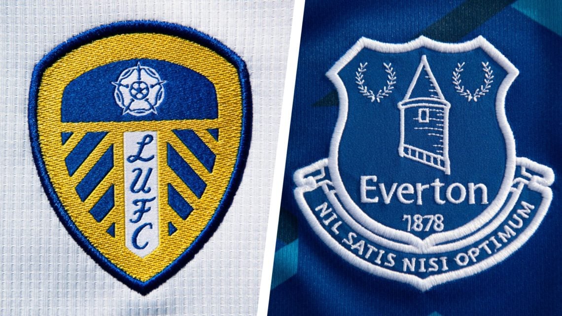 Split image of the official club badges of Leeds United FC and Everton FC.