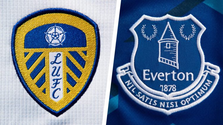 Split image of the official club badges of Leeds United FC and Everton FC.