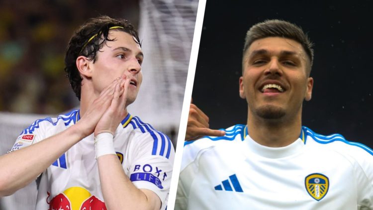 Split image of Leeds United midfielder Brenden Aaronson after missing a chance, and Leeds United striker Joel Piroe celebrating a goal.