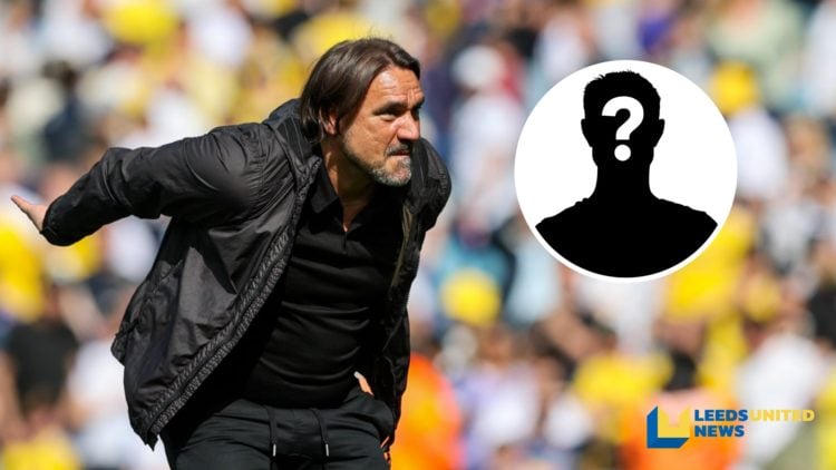 Leeds United manager celebrates promotion to the Premier League. Inset a picture of a mystery player.