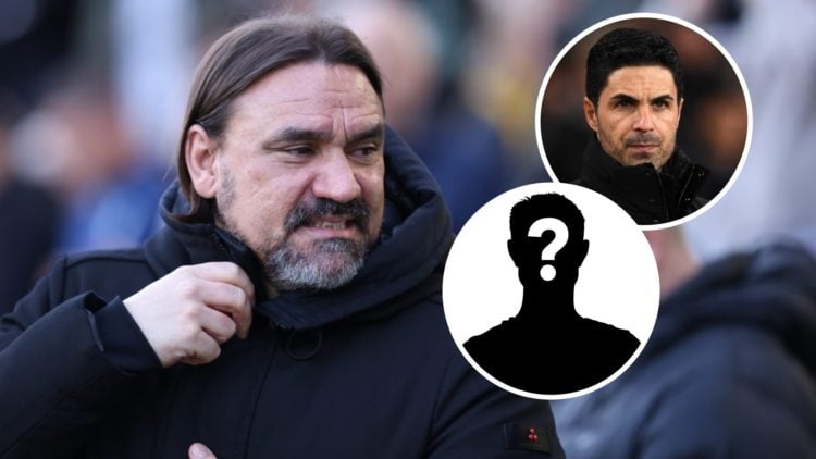 Leeds United manager Daniel Farke smiling. Inset, Arsenal manager Mikel Arteta looks on.