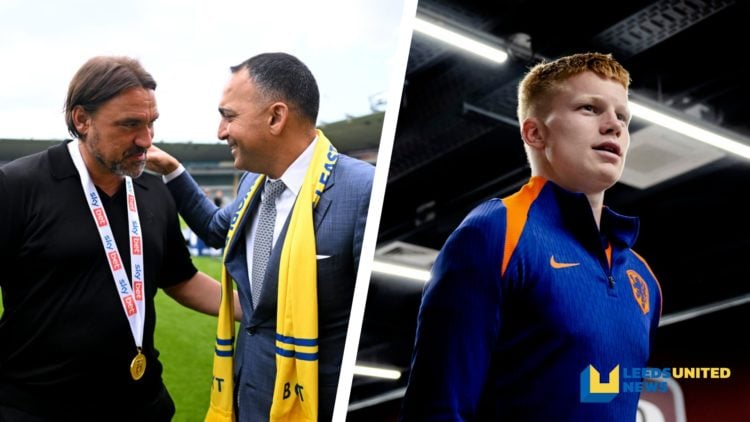 Split image of Leeds United manager talking to chairman Paraag Marathe, and Netherlands U19s midfielder Kees Smit before a game.