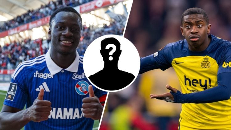 RC Strasbourg captain Habib Diarra (left) and USG midfielder Noah Sadiki (right) with mystery player inset