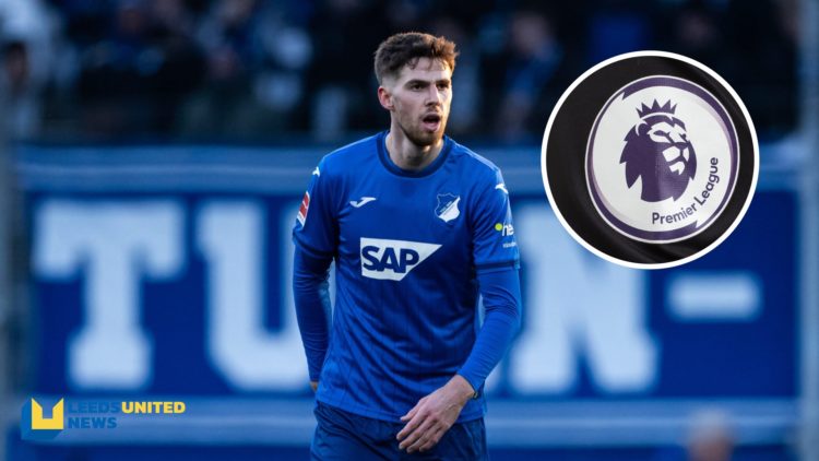 Anton Stach in action for Hoffenheim and the Premier League emblem.