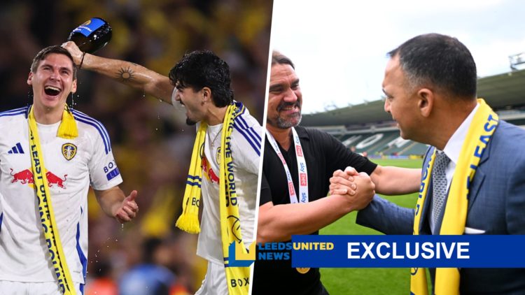 Leeds United's Max Wober and Pascal Struijk (left) with Daniel Farke and Paraag Marathe (right) and LUN exclusive banner