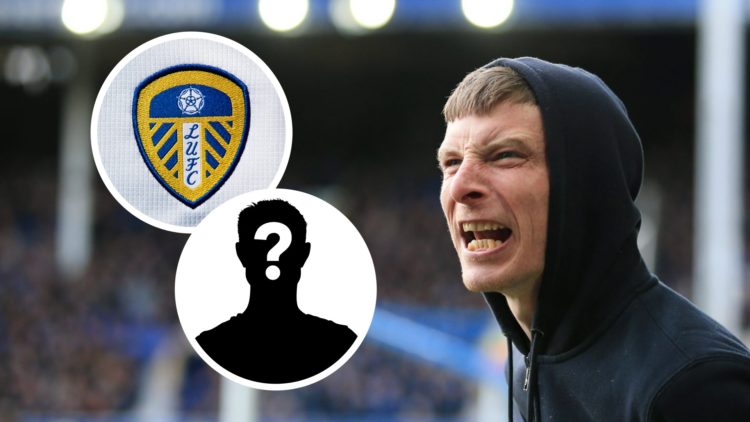 An angry Everton supporter shouts at the players. Inset a picture of the official club badge of Leeds United, and a picture of a mystery player.