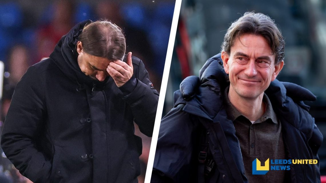 Split image of Leeds United manager Daniel Farke looking down, and Tottenham Hotspur manager Thomas Frank smiling.