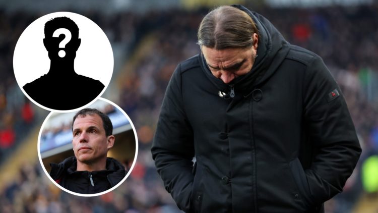 Leeds United manager Daniel Farke with his head down. Inset, Sunderland manager Regis Le Bris looks on.