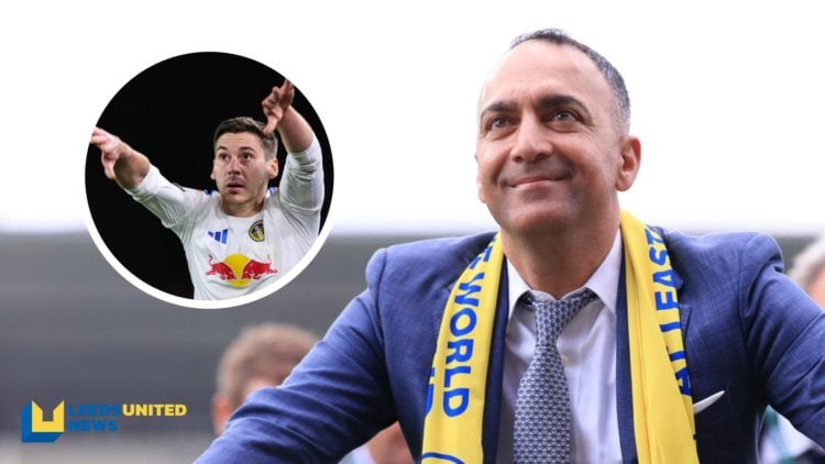 Leeds United chairman Paraag Marathe looks on after securing Premier League promotion. Inset, Leeds United player Max Wober takes a throw-in.