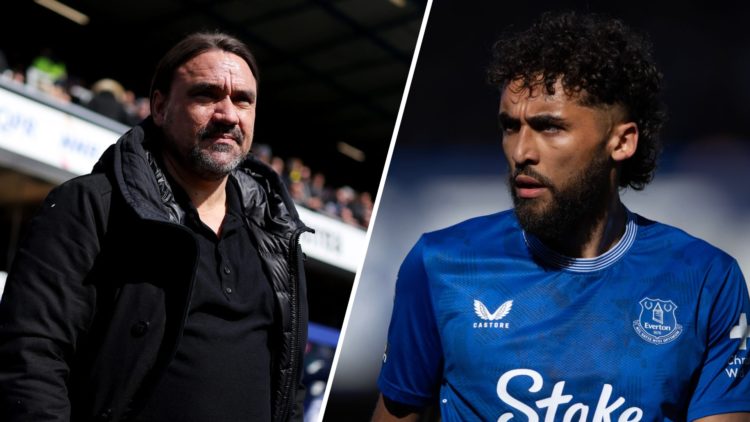 Split image of Leeds United manager Daniel Farke looking on and Dominic Calvert-Lewin in action for Everton.