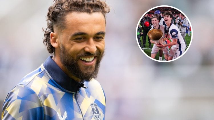 Everton striker Dominic Calvert-Lewin warming up in 2025. Ben Davies lifts the Europa League trophy.