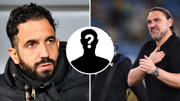 Ruben Amorim ahead of a Man United game and Daniel Farke celebrating with Leeds fans.