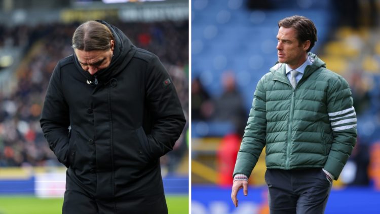 Daniel Farke looks to the ground during a Leeds game and Scott Parker during a Burnley match.