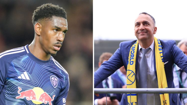 Junior Firpo in action for Leeds and Paraag Marathe during the parade.