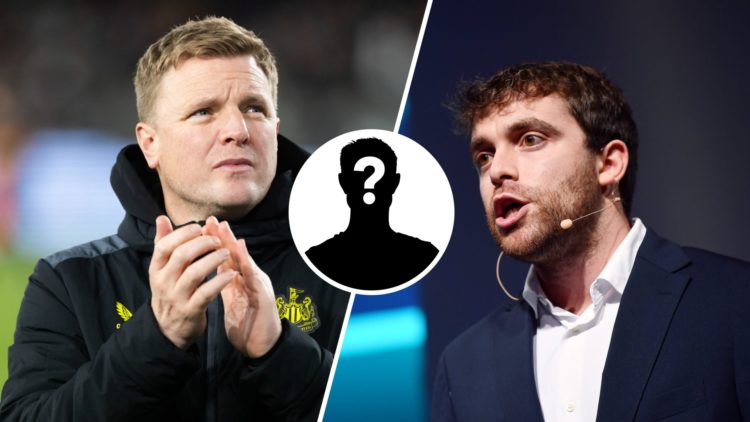 Newcastle United manager Eddie Howe (left) and transfer journalist Fabrizio Romano (right) with mystery player inset