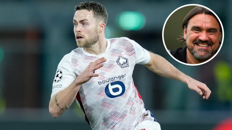 Gabriel Gudmundsson in action for Lille in Ligue 1. Inset, Leeds United manager Daniel Farke smiling.