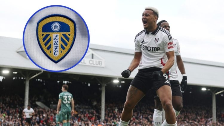 Leeds United crest (left) and Fulham striker Rodrigo Muniz (right)