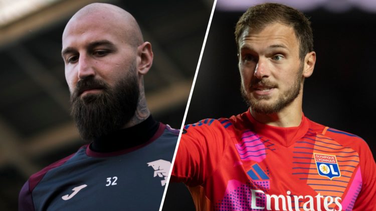 Split image of Torino goalkeeper Vanja Milinkovic-Savic and Lyon keeper Lucas Perri giving a thumbs up.