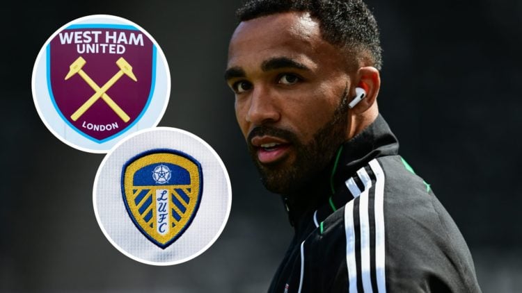 Newcastle United striker Callum Wilson looks on before a game. Inset, pictures of the official club badges of West Ham and Leeds United.
