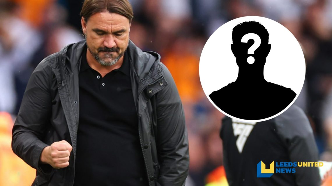 Leeds United manager Daniel Farke pumps his fist. Inset a picture of a mystery player.