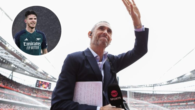 Former Arsenal player Martin Keown waving at fans at the Emirates Stadium. Inset, Arsenal's Declan Rice.